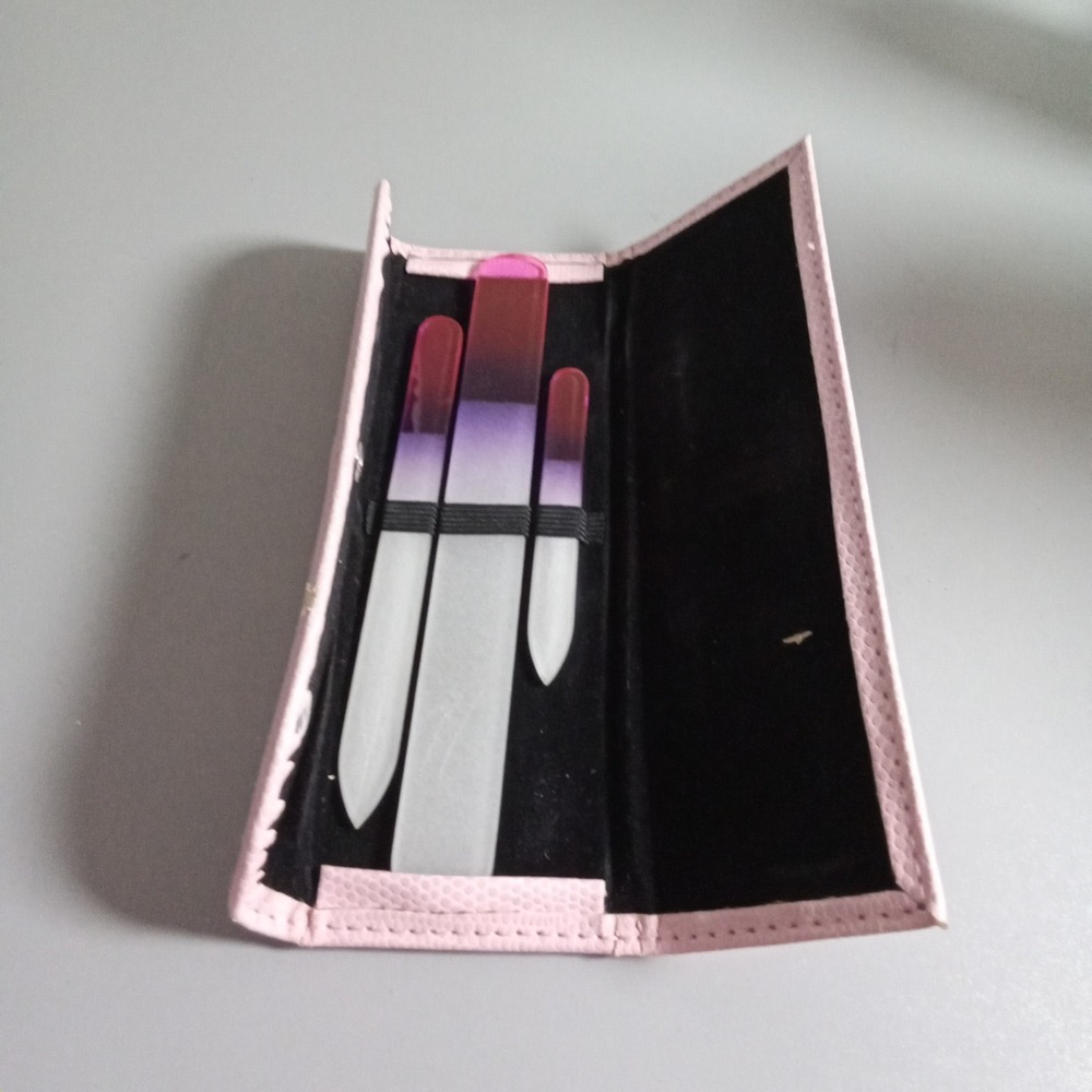 3 Piece Crystal Glass Nail File Set with Pink Pebbled Travel Case Ombre Purple